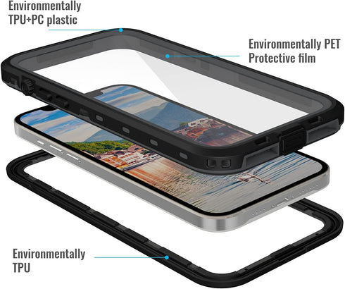 iPhone 13 Pro Max Waterproof Case - Full Body Protection, Shockproof, Dustproof, Built-in Screen Protector (Black)