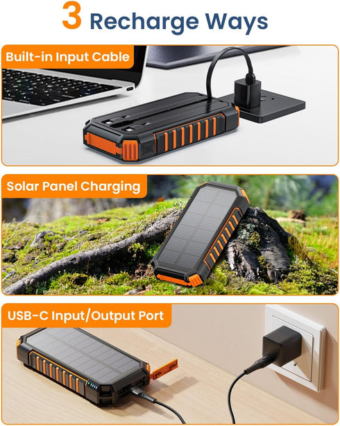 Hiluckey Power Bank Solar Charger, 27000mAh with Built-in 3 Cables, Five Outputs, 15W Fast Charging Power Bank for All