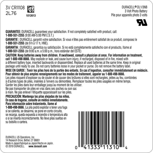 Duracell 1/3N 3V Lithium Battery, 1 Count Pack, Lithium Coin Battery for Digital Cameras, Watches, and more, CR Lithium 3 Volt Cell