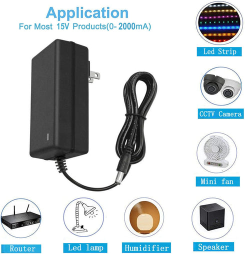 15V 2A DC Power Supply - AC 100V-240V Input to DC 15 Volt 2 Amp Adapter with 5.5mm x 2.5mm Plug and Size Tips
