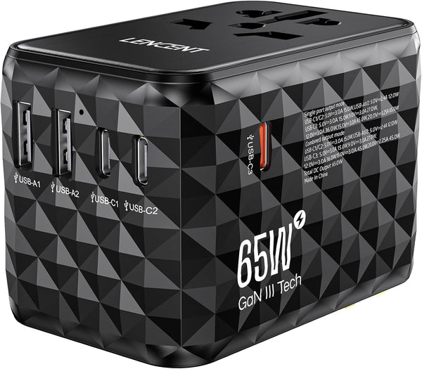 LENCENT 65W International Travel Adapter, GaN Universal with 2 USB-A & 3 Type C Fast Charger, Black