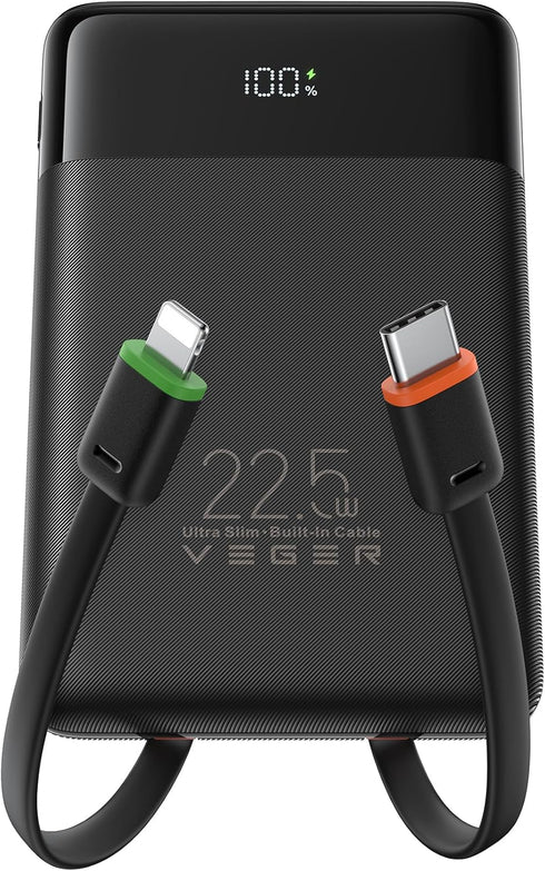 VEGER Portable Charger, Ultra Slim 22.5W Fast Charging with Built in Cable, Flight-Safe