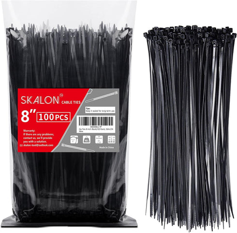 SKALON Zip Ties 8 inch (100 Pack), 40lbs Tensile Strength, Black Cable Ties,