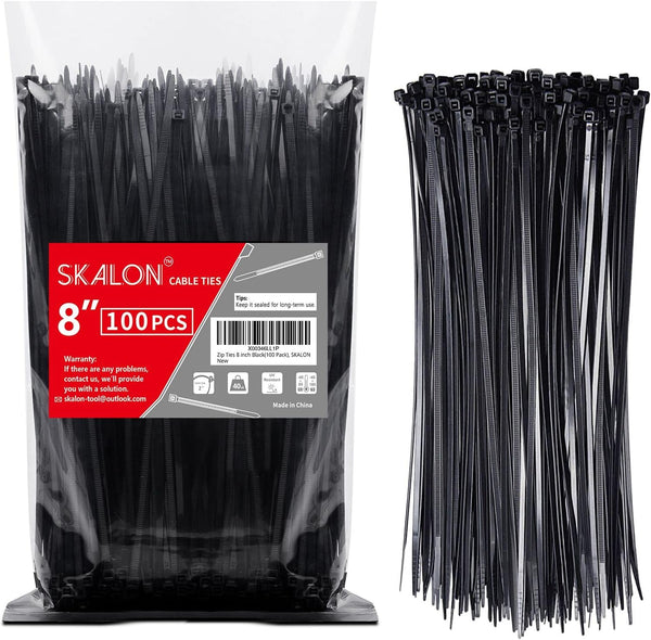 SKALON Zip Ties 8 inch (100 Pack), 40lbs Tensile Strength, Black Cable Ties,