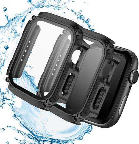 2-Pack Waterproof Case for Apple Watch Series 9 8 7, Ultra-Thin Tempered Glass Screen Protector for 45mm, Black