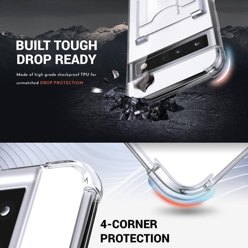 Shields Up Clear Case for Pixel 6 Pro, Minimalist Wallet Case with Card Holder and Ring Kickstand