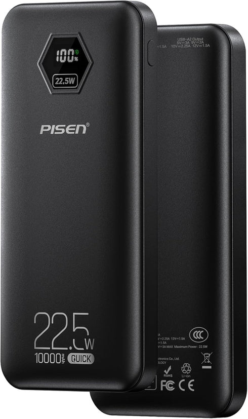 PISEN 10000mAh 3C Power Bank - 10000mAh 22.5W CCC Certified Power Bank, Travel
