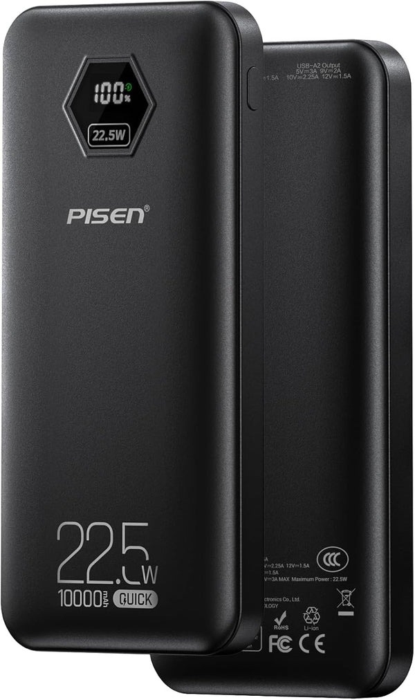 PISEN 10000mAh 3C Power Bank - 10000mAh 22.5W CCC Certified Power Bank, Travel