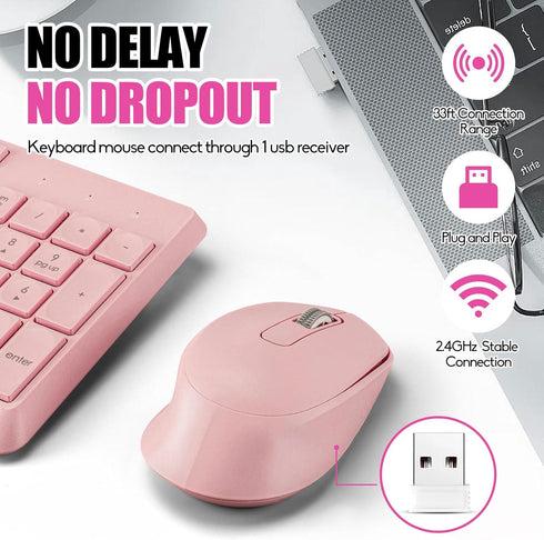 Wireless Silent Keyboard Mouse Combo, Ultra-Slim USB Set with Water-Dropping Keycaps, 12 Shortcuts, 2.4GHz Connection