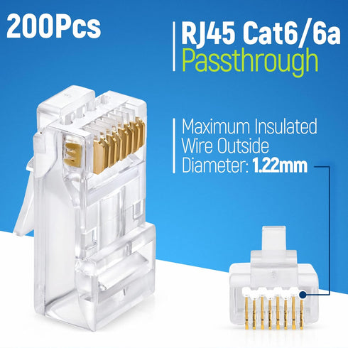 GTZ RJ45 Cat6/6a Pass Through Connectors for Thick 23 AWG Network Cable, 200 Pcs with Insert Guides
