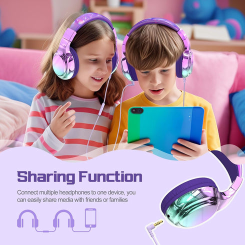 QearFun Kids Headphones with Microphone, Volume Limit, Sharing Jack, Foldable for iPad, Deep Purple Aurora