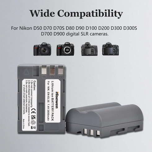Hisewen EN-EL3e Battery 2-Pack, 2600mAh and LED Charger for Nikon D50, D70, D70s, D80, D90, D100, D200, D300, D300S,