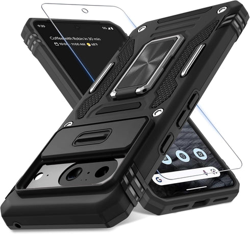 DEERLAMN Google Pixel 8 Case - Heavy Duty Black with Slide Camera Cover, Screen Protector & Rotated Ring Kickstand.
