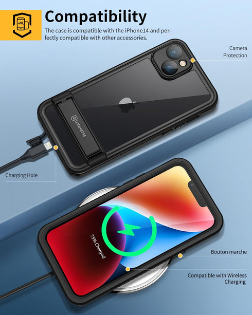 Lanhiem iPhone 14 Case with Kickstand, IP68 Waterproof Dustproof with Built-in Screen Protector, Full Body Shockproof