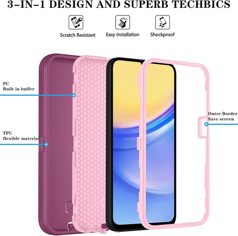 Qinmay 3-Layer Shockproof Phone Cover for Samsung Galaxy A15 5G with HD Screen Protector, WinRedPink