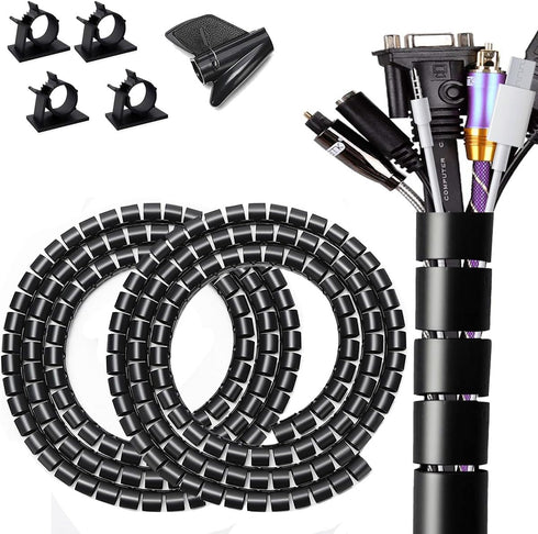 Large PC Cable Management Tube Sleeve, 2 PCS Black Wire Organizer for Cords, 5 ft EZ Spiral Cable Wrap Cover