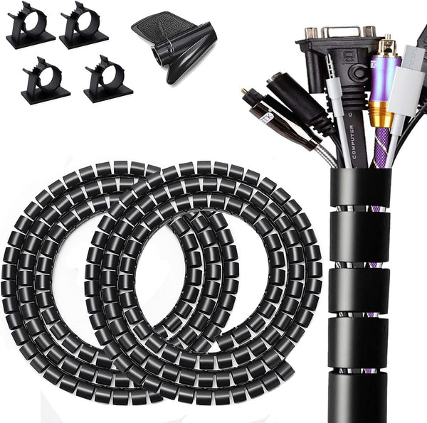 Large PC Cable Management Tube Sleeve, 2 PCS Black Wire Organizer for Cords, 5 ft EZ Spiral Cable Wrap Cover