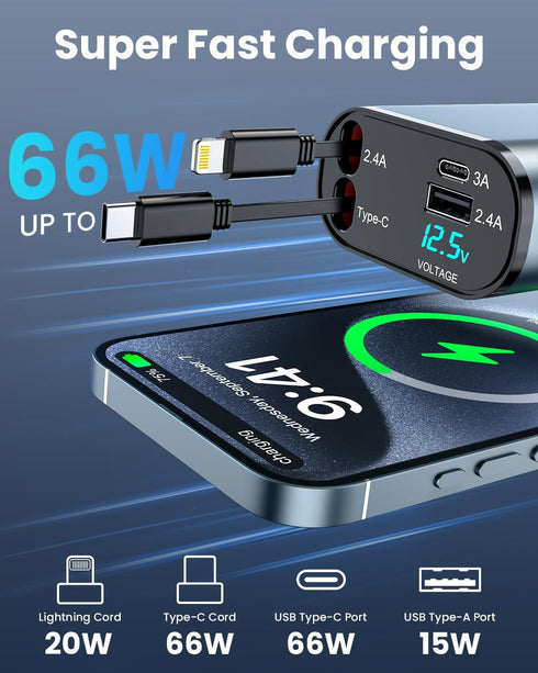 4 in 1 Retractable Car Charger, 60W Fast Phone Charger with Cord, Compatible with iPhone 15/14/13/12/11 Pro Max