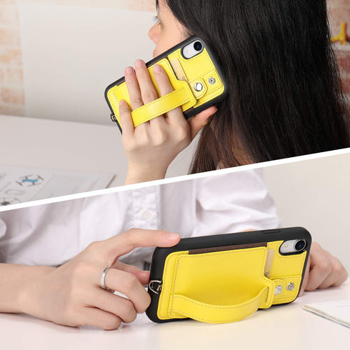 TOOVREN Wallet Case for iPhone XR with Lanyard Strap, Card Holder, Protective Cover with Stand, Yellow