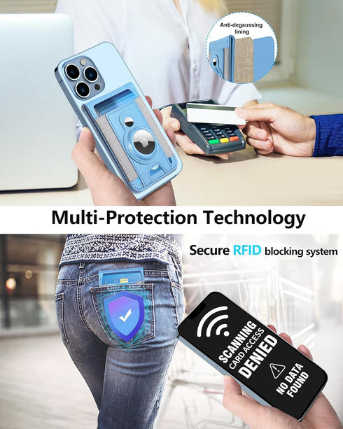 MagSafe Wallet with AirTag Holder, Magnetic Phone Wallet for iPhone 16/15/14/13/12 Series, 9 Card Holder, Light Sky Blue