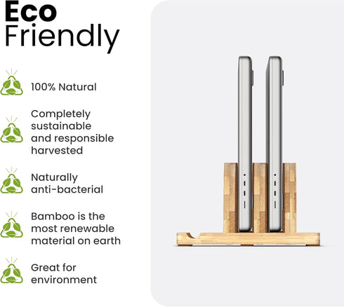 Premium Wood Vertical Laptop Stand, Adjustable Dual Slot Bamboo Holder for MacBook, Dell, HP, Space-Saving Desktop