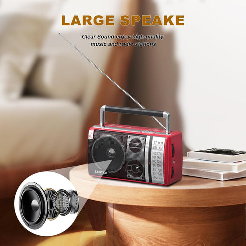 LEOTEC AM FM Radio, Portable Bluetooth Radio, Battery Operated, Best Reception with Headphone Jack, Handheld (Red)