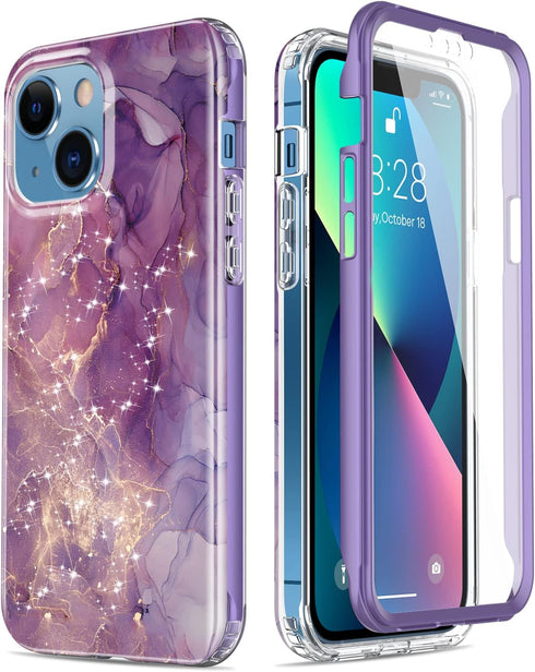 Esdot Rugged Case for iPhone 13 with Built-in Screen Protector, Military Grade, Fashionable Designs, Glitter Purple