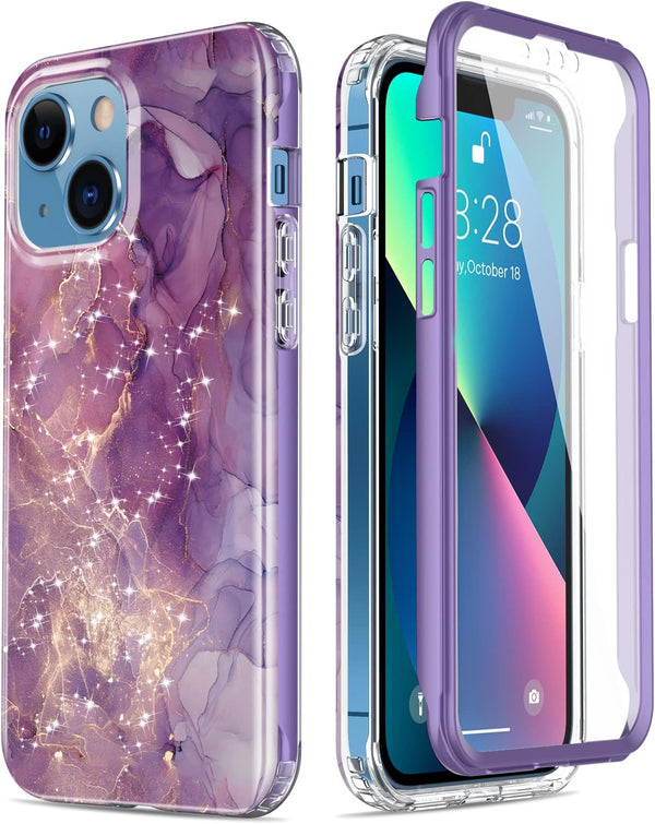 Esdot Rugged Case for iPhone 13 with Built-in Screen Protector, Military Grade, Fashionable Designs, Glitter Purple