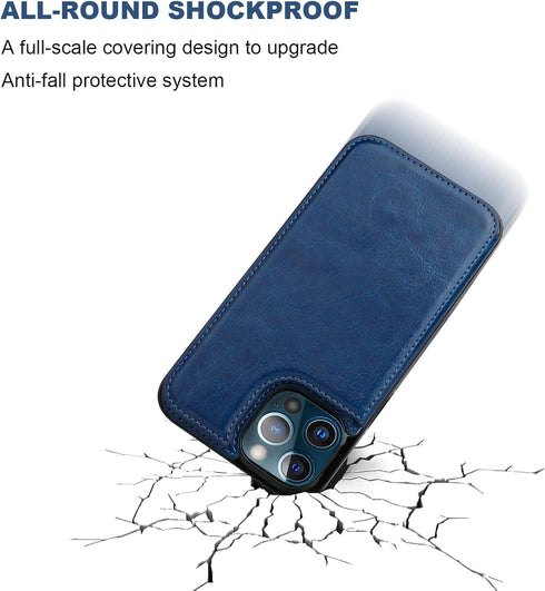ONETOP Wallet Case for iPhone 12 and iPhone 12 Pro, PU Leather Kickstand with Card Holder, Shockproof Cover, Blue
