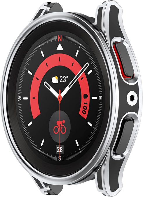 Smartwatch Full Coverage PC Protective Case Cover with Tempered Glass Screen Protector Compatible with Samsung Watch 5 40mm, Soft and Durable(Black+Silvery)