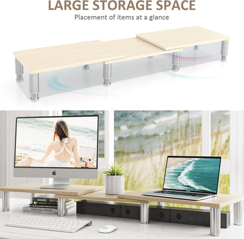 2 AX Waber Dual Monitor Riser - Adjustable Length & Angle, Wooden Stand for Monitors with Storage