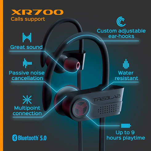 TREBLAB XR700 Wireless Sports Earbuds, Bluetooth 5.0, IPX7 Waterproof, Noise Cancelling, Adjustable Earhooks