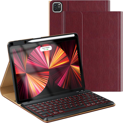Leather Keyboard Case for iPad Air 5th 4th Generation, 7 Color Backlight BT Keyboard Folio, Wine