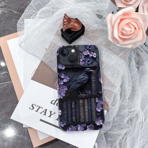 Generic 15 Case for iPhone - Slim Fit Anti-Scratch Phone Case for Girl Women - Purple Gothic Raven Bird Bookshelf
