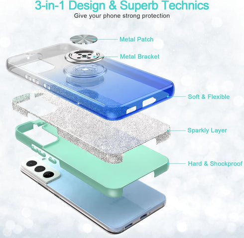 Slim Fit Glitter Case for Galaxy S23 6.1", with 360° Ring Holder Kickstand, Shock-Absorbent Durable Cover for Girls