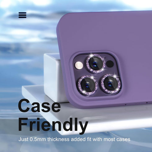 Bling Camera Lens Protector for iPhone 14 Pro/Pro Max - 9H Tempered Glass, Metal Ring, Purple Glitter, 3+1 Accessories.