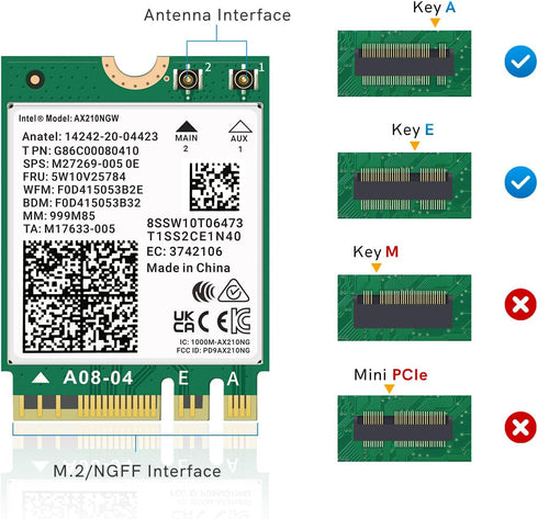 Wi-Fi 6E AX210 NGW Wireless Card with Bluetooth 5.3, Tri-Band 5400Mbps Network Adapter for Laptop, Supports Windows
