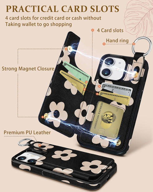 Shorogyt Wallet Case for iPhone 12, Designer Black Flower Pattern Kickstand Magnetic Clasp Back Flip Folio Leather Case