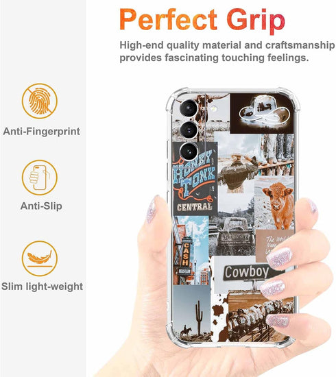 Cowboy Case for Galaxy S21, Retro Western Country Cowgirl Life Art Collage Phone Case for Boys Men Women, Trendy Soft