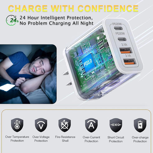 Dual USB C Charger 55W Block, CARZONJX 4 Port Type C Fast Charging Block, QC+PD Power Adapter Wall Charger for iPhone