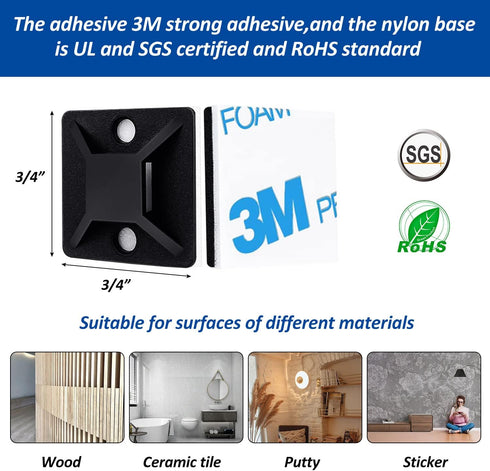 100 Set Cable Zip Tie Self Adhesive Mounts Kit with 6" Zip Ties, Sticky Wire Fasteners, Black Wire Holders