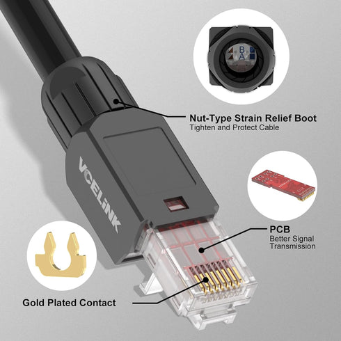 VCELINK RJ45 Connector Tool-Free, CAT6 Field Termination Plug, Gold Plated Modular Plug for 23 to 26 AWG Cable