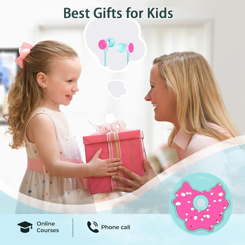 Cute Donut Earbuds for Kids, Wired Earbud & in-Ear Headphones with Microphone, Lovely Storage Case, Sky Blue