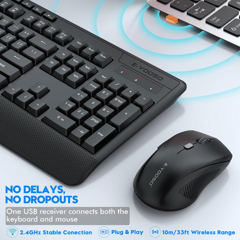 E-YOOSO Wireless Keyboard and Mouse Combo - 2.4GHz Full-Sized Ergonomic Keyboard with Wrist Rest, USB Mouse