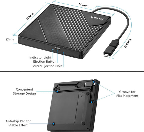 Amicool 3.0 11/10/8/7 External DVD Drive USB USB C CD Burner CD/DVD +/-RW Optical Drive, Slim Portable DVD CD ROM