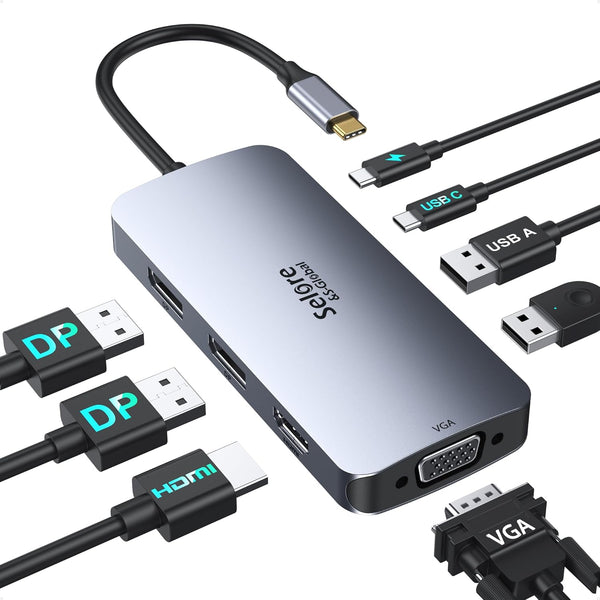 USB C Docking Station Dual Displayport Monitor, USB C Hub with 2 DP, HDMI, VGA, PD Charging, USB A&C Ports