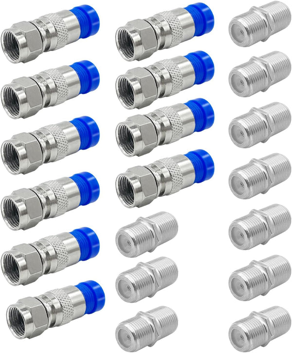 CKANDAY 10 Pack RG6 F Type Compression Connector + 10 Pcs Coaxial Cable Extender, Blue/Silver Female to Female Adapter