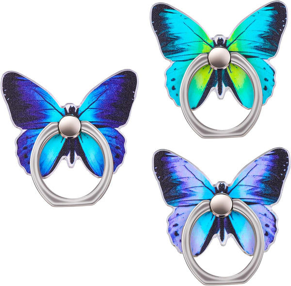 3 PCS Cell Phone Ring Stand Holder, Cute Butterfly Pattern Metal Kickstand, 360 Degrees Rotation Grip for Smartphones