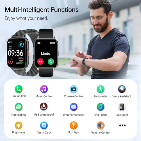 Smart Watch for Men Women, 1.85" IP68 Waterproof Smartwatch, Fitness Tracker with Heart Rate/Sleep Monitor, Black