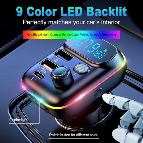 VR Robot Upgraded Bluetooth FM Transmitter for Car, Wireless Bluetooth 5.0 Adapter with Dual USB Ports, 20W PD+QC3.0